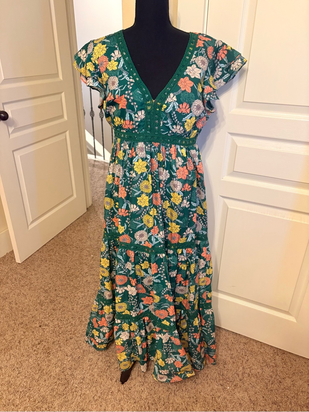 Green Floral Midi V neck Dress
